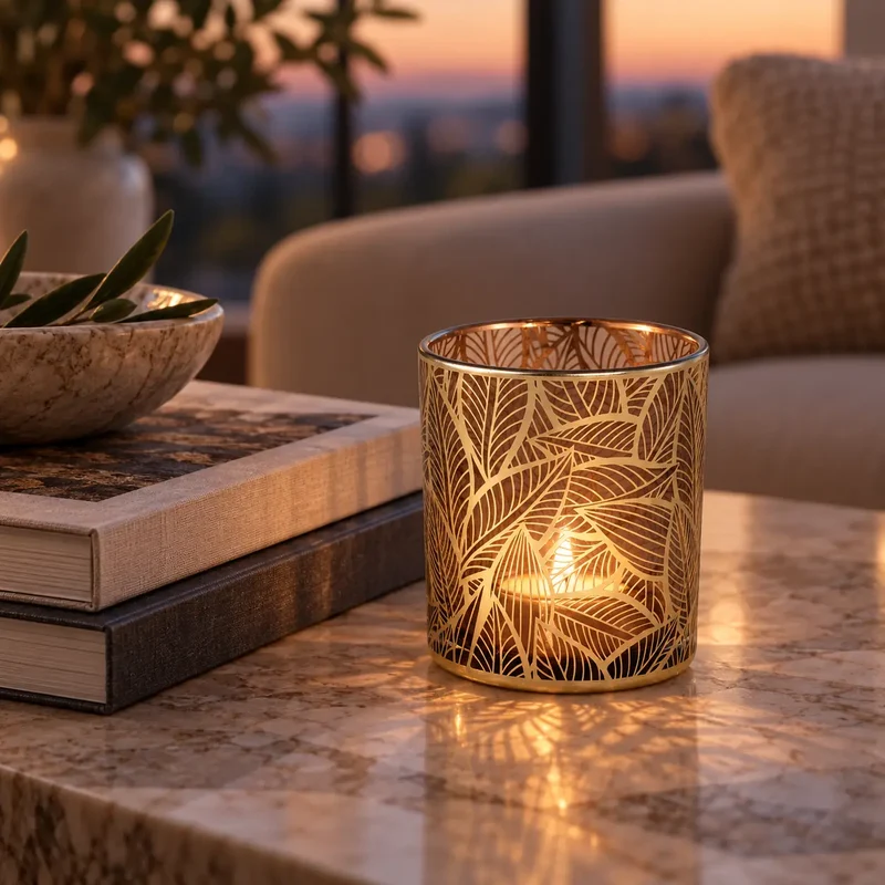 Teelichthalter aus Glas mit Blattmuster & Goldfinish L – Sariska | PTMD