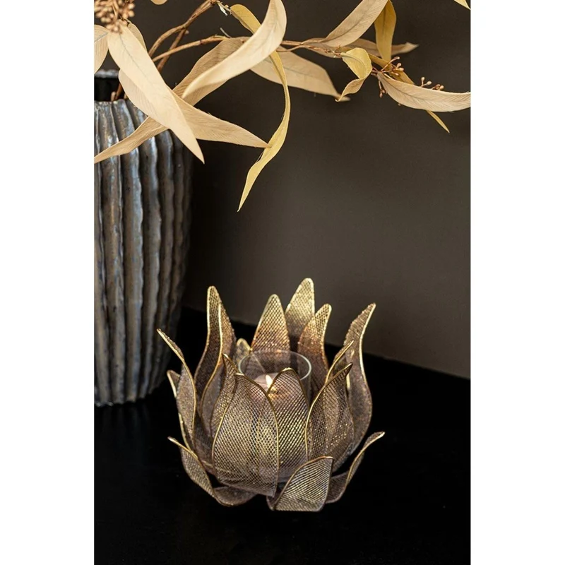Windlicht – Antikbronzenes Eisen, Florales Design, Filigrane Gitterstruktur - Milia | PTMD