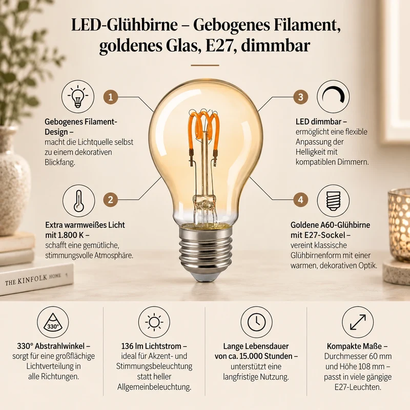 Glühbirne – in Gold, gedrehtes Filament, extra warm - Curved | Sigor