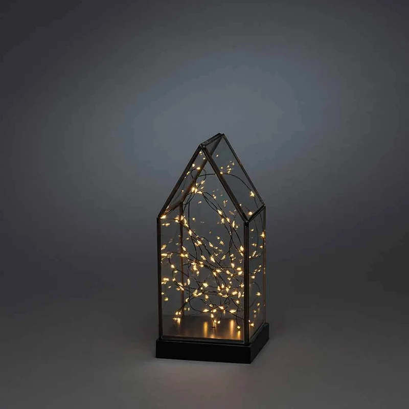 LED Glaslaterne mit schwarzem Holzfundament und 6h Timer Schwarz
